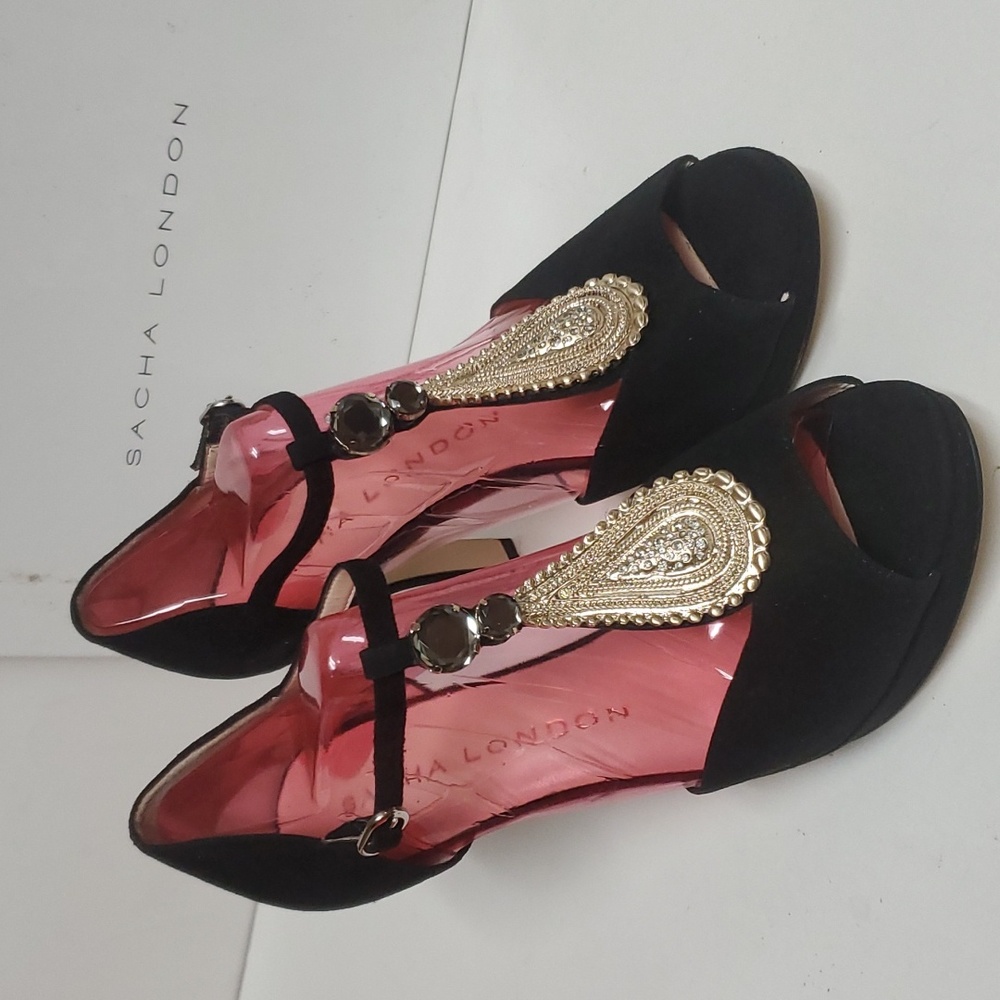 NWT SACHA LONDON Black Leatger Sude Jewled Open Toe Sling Back Heels Size 10